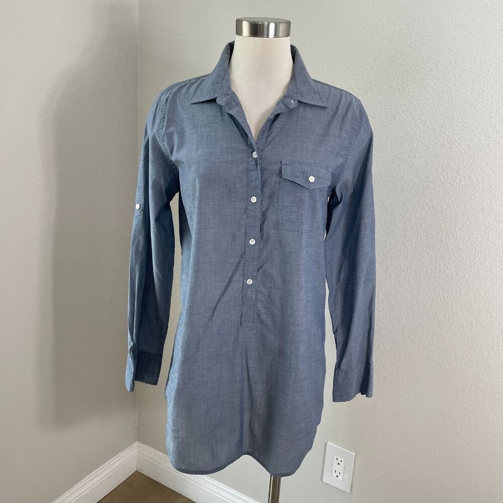 J Crew Womens Small Popover Shirt Blue Roll Tab Sleeve Top Blouse